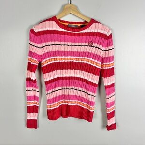 VINTAGE Y2K Ribbed Cable Knit Striped Sweater Size Small Pink Preppy Bright‎